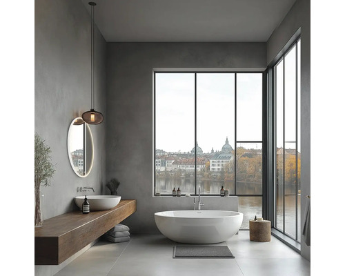 Moderní koupelna s volně stojící vanou, umyvadlem na desce a velkým oknem s výhledem na město