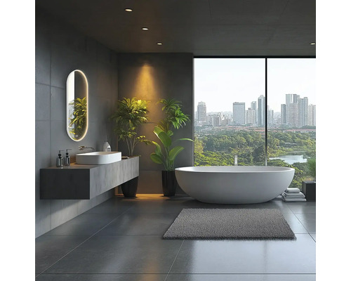 Moderní koupelna s volně stojící vanou, umyvadlem a osvětleným zrcadlem před panoramatickým oknem s výhledem na město.