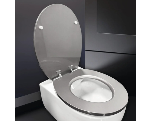 Bílá toaleta s otevřeným šedým záchodovým prkénkem