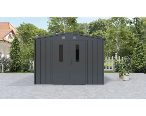 Kovová zahradní bouda s dvoukřídlými dveřmi a okny