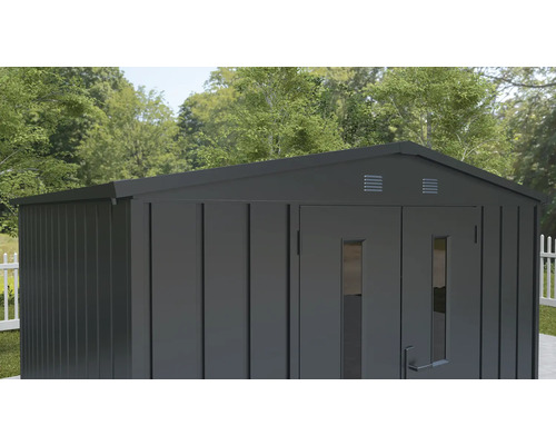 Kovový zahradní domek s dvoukřídlými dveřmi a větráním