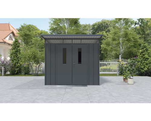 Kovový zahradní domek s dvoukřídlými dveřmi a světlíkem