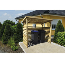 Dřevěný box na popelnice se dvěma popelnicemi na dvoře