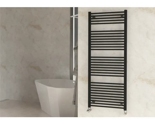 Designové topné těleso Rotheigner 1500 x 600 x 30 mm připojení 1/2" dole oboustranně Koupelna s vanou a černým radiátorem na ručníky