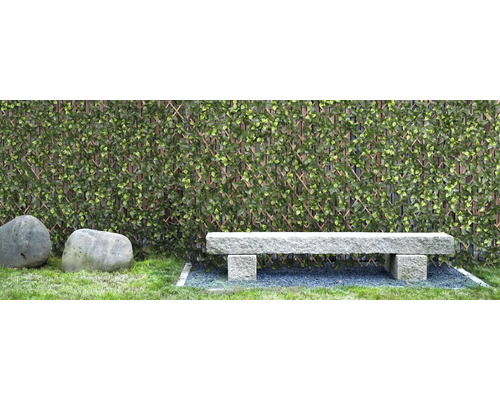 Scéna s umělým živým plotem, kamennou lavicí a dvěma kameny na zahradě
