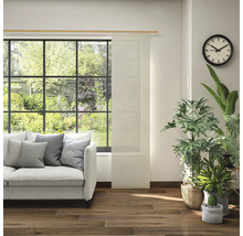 Obývací pokoj s pohovkou, pokojovými rostlinami, hodinami a posuvným panelem před oknem