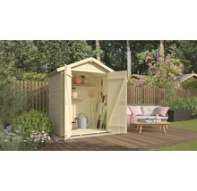 Zahradní scéna s otevřeným dřevěným zahradním domkem, plným zahradního nářadí a květináčů