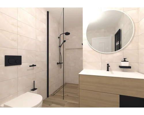 Moderní koupelna se sprchou, umyvadlovou skříňkou a toaletou