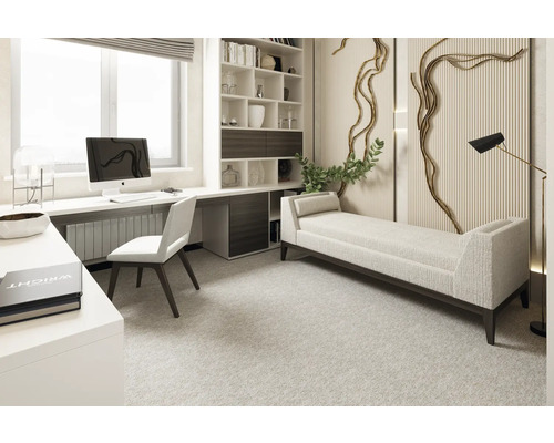 Světlá pracovna se stolem, židlí, regálem a lehátkem