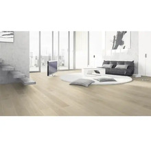 Světlý obývací pokoj s dřevěnou podlahou, schodištěm, posezením, kulatým kobercem a televizí