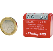WiFi spínač Shelly 1PM Mini Gen4 s euromincí pro porovnání velikosti