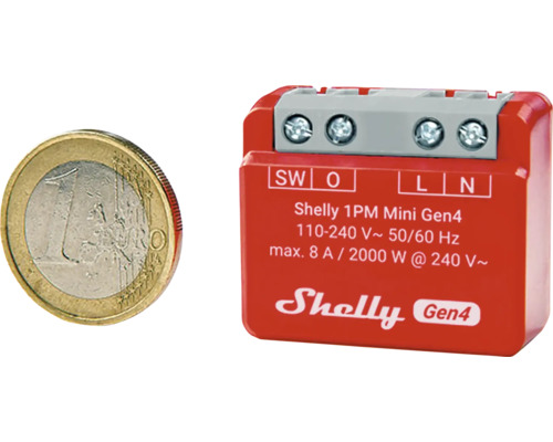 WiFi spínač Shelly 1PM Mini Gen4 s euromincí pro porovnání velikosti