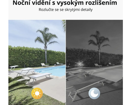 Srovnávací snímek den a noc: bazén s lehátky, ve dne barevný a v noci černobílý