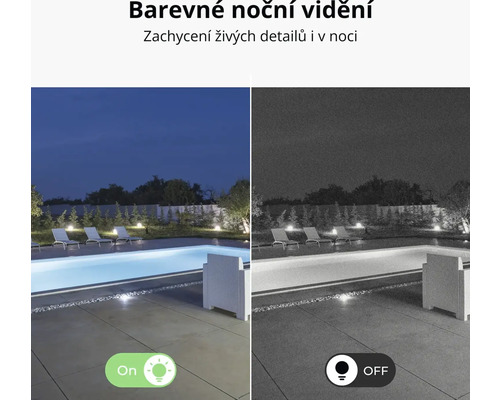Znázornění barevného režimu nočního vidění bezpečnostní kamery, který ve srovnání s černobílým režimem nočního vidění nabízí více detailů v noci.