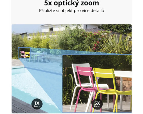 Pětinásobný optický zoom demonstrovaný na zahradním nábytku.
