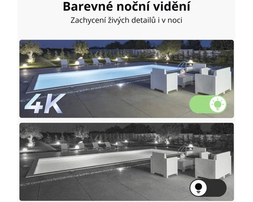 Zobrazení barevného nočního vidění v porovnání s černobílým nočním viděním bezpečnostní kamery