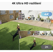 Ukázka rozlišení 4K Ultra HD bezpečnostní kamery v zahradě se psem chytajícím míč.