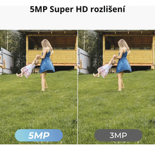 Srovnání snímků s rozlišením 5 megapixelů a 3 megapixely z bezpečnostní kamery, které ukazují ženu hrající si s dítětem na zahradě