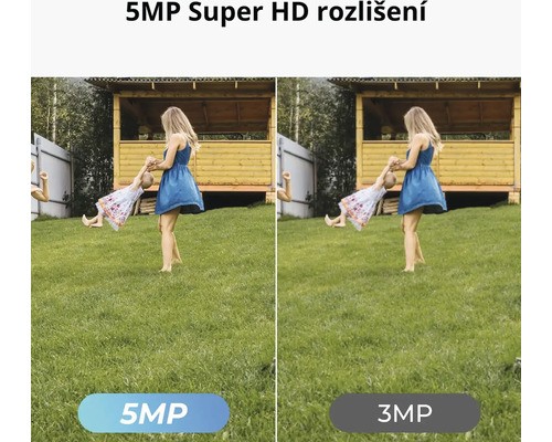 Srovnání snímků s rozlišením 5 megapixelů a 3 megapixely z bezpečnostní kamery, které ukazují ženu hrající si s dítětem na zahradě