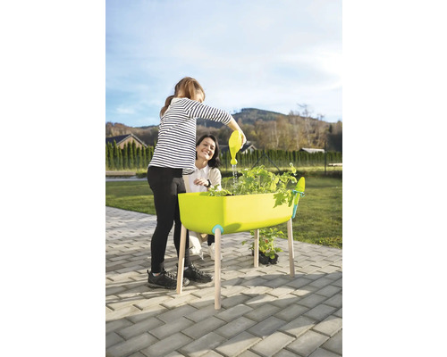 Osoba zalévá rostliny ve vyvýšeném záhonu pomocí konve, zatímco druhá osoba se dívá. Zahradničení venku.