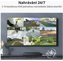 Monitorovací monitor se záznamy z různých bezpečnostních kamer a symbolem záznamu