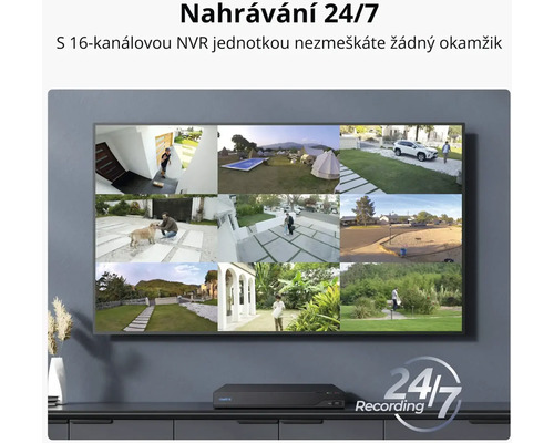 Monitorovací monitor se záznamy z různých bezpečnostních kamer a symbolem záznamu