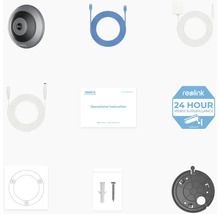 Příslušenství k bezpečnostní kameře Reolink: kamera, kabel, napájecí adaptér, návod k obsluze, nálepka 24hodinového video dohledu, montážní deska, šrouby a hmoždinky