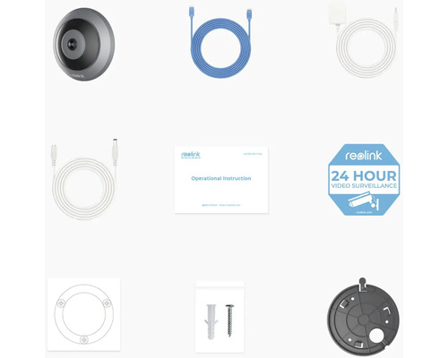 Příslušenství k bezpečnostní kameře Reolink: kamera, kabel, napájecí adaptér, návod k obsluze, nálepka 24hodinového video dohledu, montážní deska, šrouby a hmoždinky