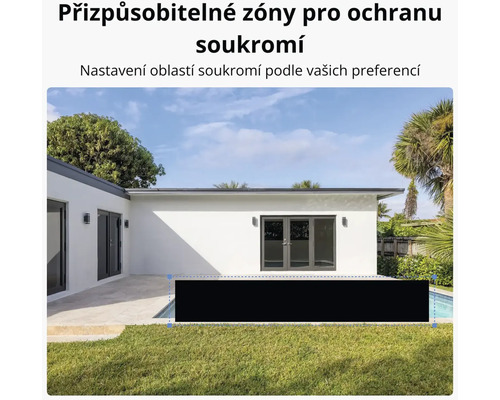 Zobrazení zahrady s domem pro ilustraci nastavitelných zón soukromí.