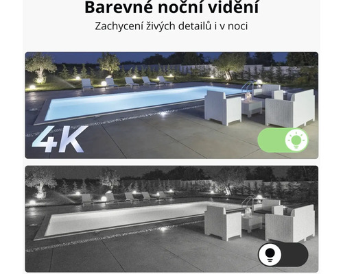 Zobrazení bazénu se zahradním nábytkem v noci se zaměřením na barevné a černobílé noční vidění.