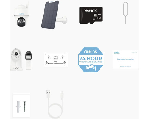 Sada bezpečnostní kamery Reolink se solárním panelem, kartou Micro SD, návodem k obsluze a příslušenstvím