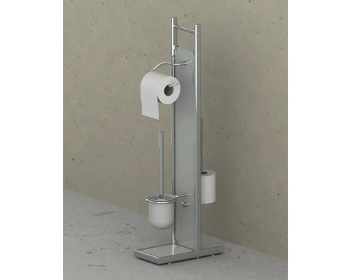 Volně stojící držák toaletního papíru s kartáčem a držákem role papíru.