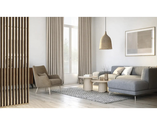 Obývací pokoj s pohovkou, křeslem, děličem místnosti a dekorací