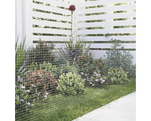 Zahradní scéna s drátěným plotem, rostlinami a trávníkem