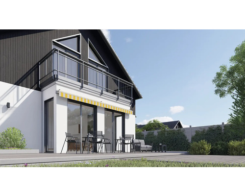 Moderní dům s terasou, zahradním nábytkem a markýzou