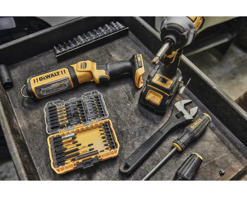 Odkládací plocha na nářadí s nářadím DeWalt včetně šroubováku, lampy a sady bitů