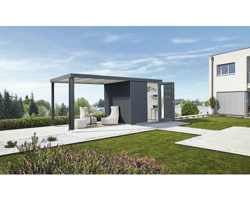 Scéna s moderním zahradním domkem s pergolou, zahradním nábytkem a zelenou zahradou