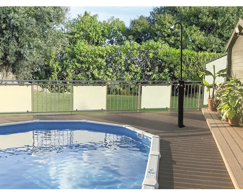 Scéna zahrady s bazénem, venkovní sprchou a terasou