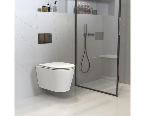 Závěsná toaleta v moderní koupelně se sprchou