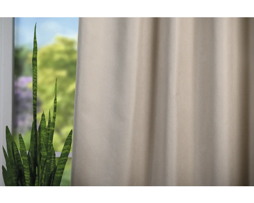 Dekorativní závěs vedle pokojové rostliny před oknem.