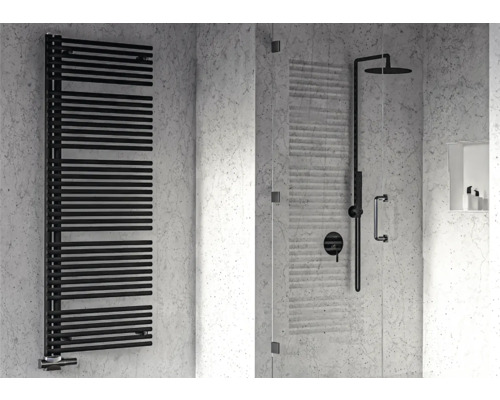 Designové topné těleso ROTHEIGNER 1695 x 596 x 50 mm připojení 1 dole na jedné straně Koupelna s radiátorem na ručníky a sprchovým koutem