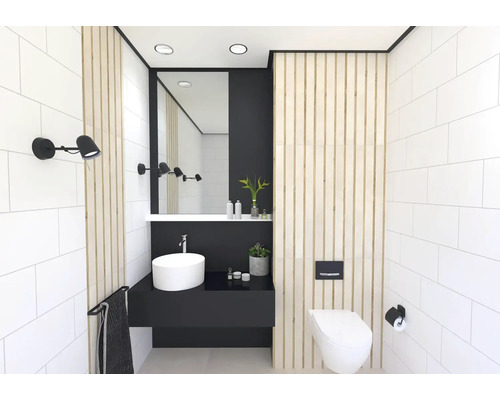 Moderní koupelna s umyvadlem, zrcadlem, osvětlením a toaletou