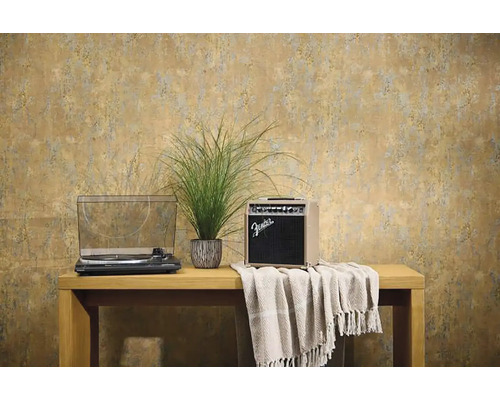 Interiér s gramofonem, zesilovačem Fender, okrasnou trávou a vzorovanou tapetou