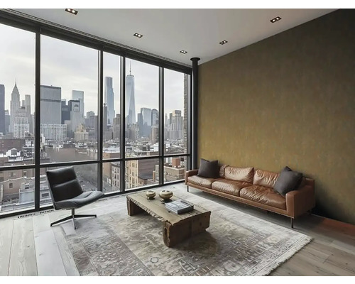 Obývací pokoj s koženou pohovkou, křeslem, dřevěným stolem a výhledem na panorama města