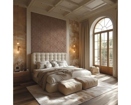 Ložnice s postelí, nočním stolkem a velkým oknem