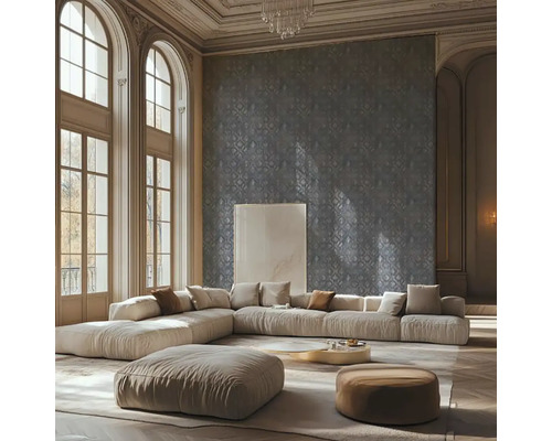 Světlý obývací pokoj s modulární rohovou sedací soupravou, pufy a velkými okny