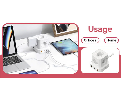 Rozbočovací zásuvka s porty USB používaná s elektronickými zařízeními na stole