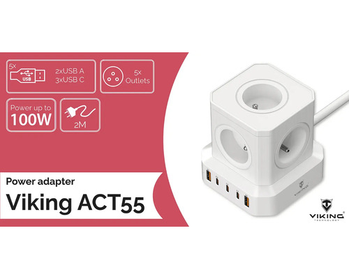 Napájecí adaptér Viking ACT55 s pěti zásuvkami, dvěma USB-A a třemi USB-C porty