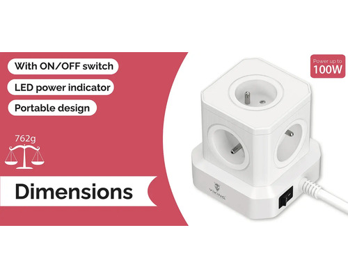 Bílá kostka se zásuvkami s vypínačem, LED indikátorem napájení a výkonem až 100 W