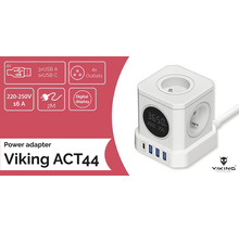 Rozbočovací kostka Viking ACT44 se čtyřmi zásuvkami, čtyřmi porty USB a digitálním displejem